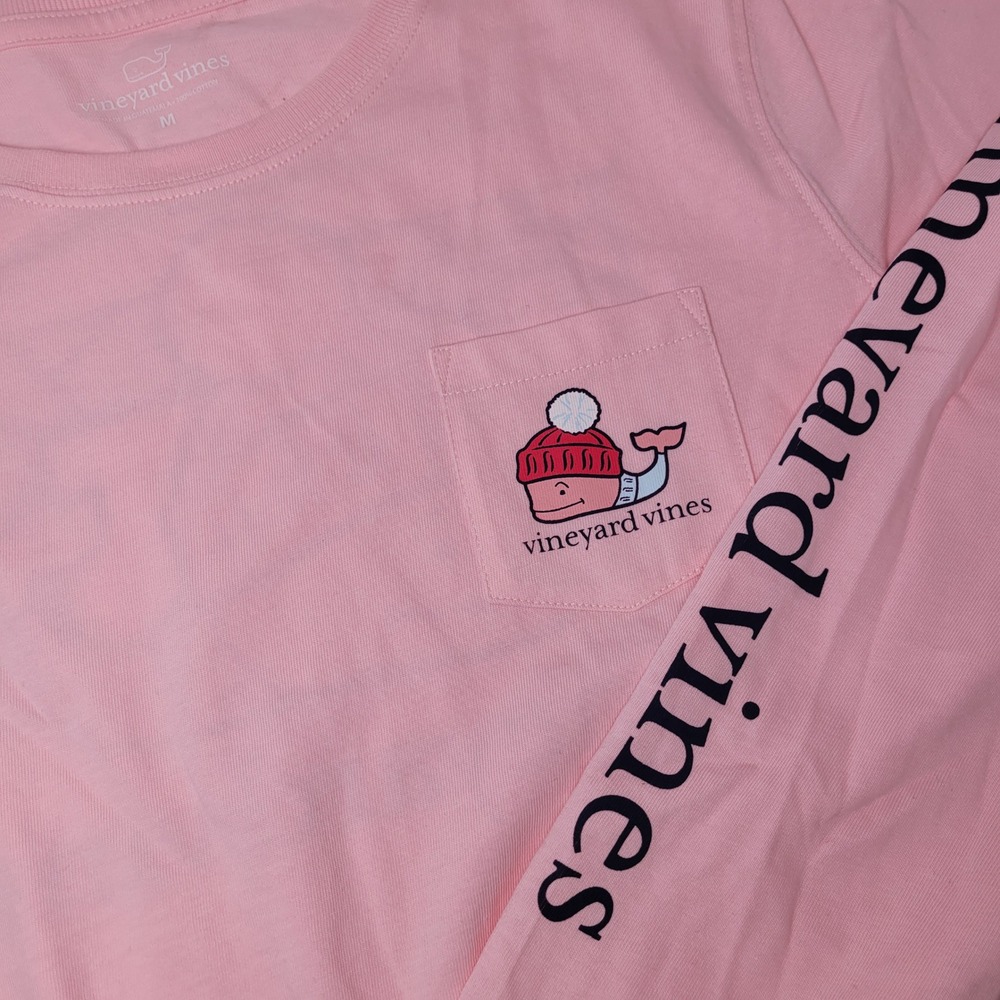 Vineyard Vines Pocket Tee Mens Medium Pink Excellent Winter Whale Après Ski Logo